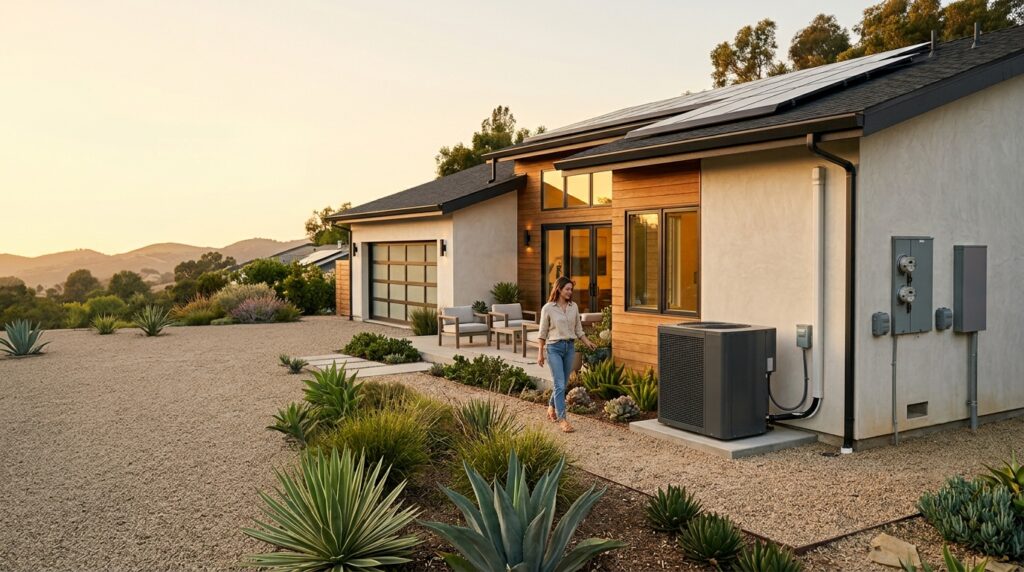 California home with energy-efficient heat pump HVAC system installed