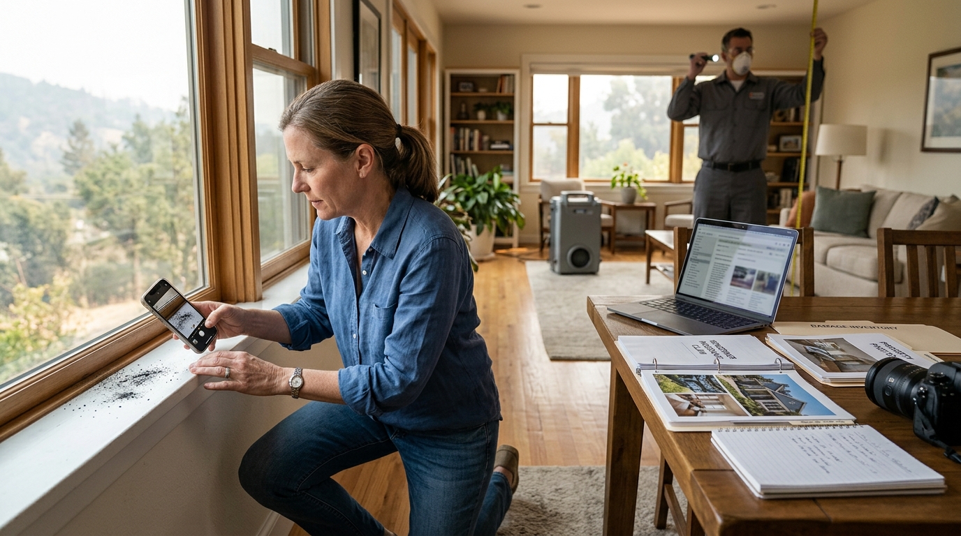 California homeowner documenting wildfire smoke damage for an insurance claim