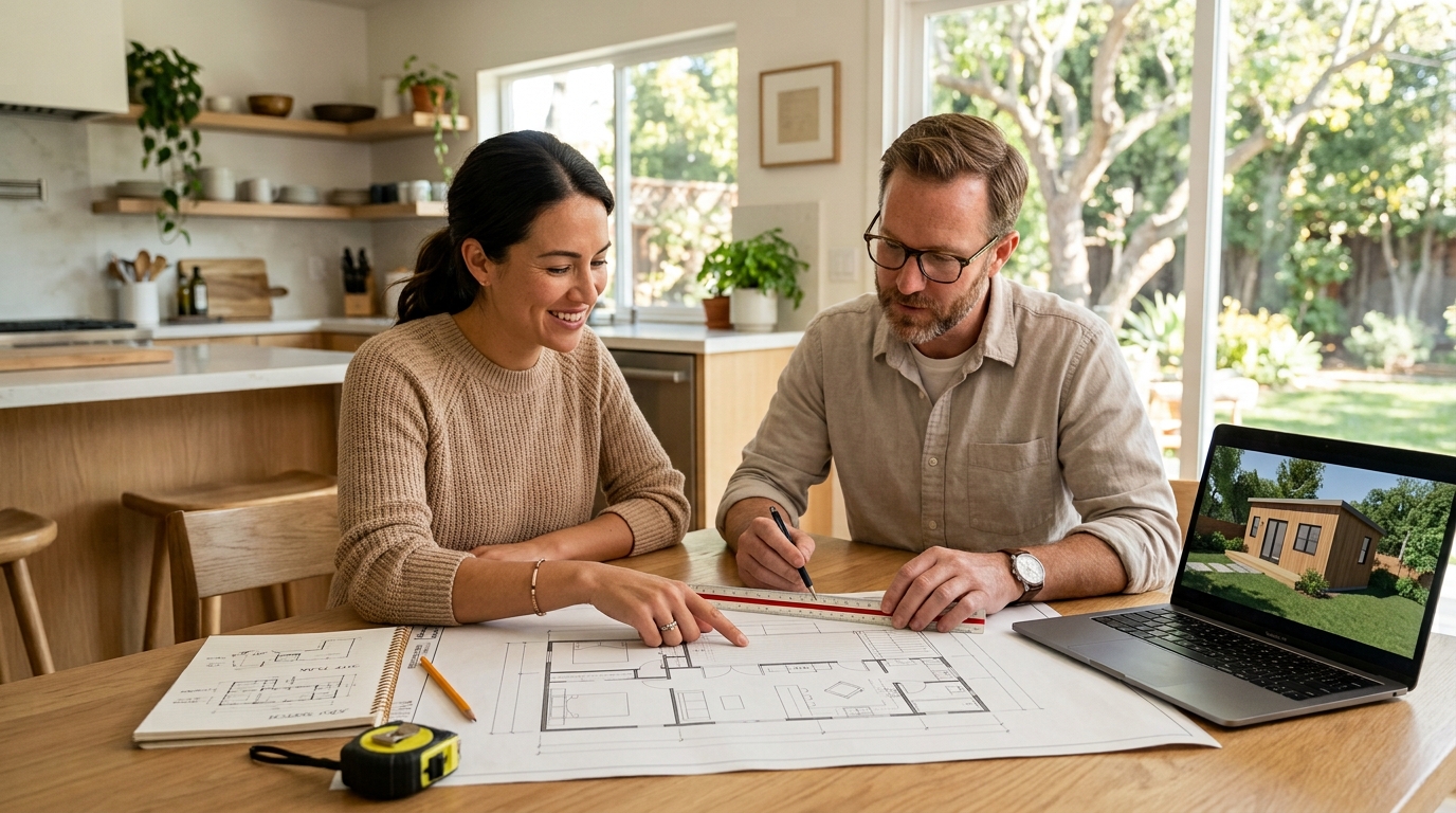 California homeowner reviewing ADU plans before submitting a building permit