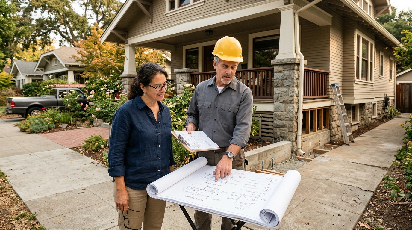 California homeowner reviewing earthquake retrofit plans with a contractor
