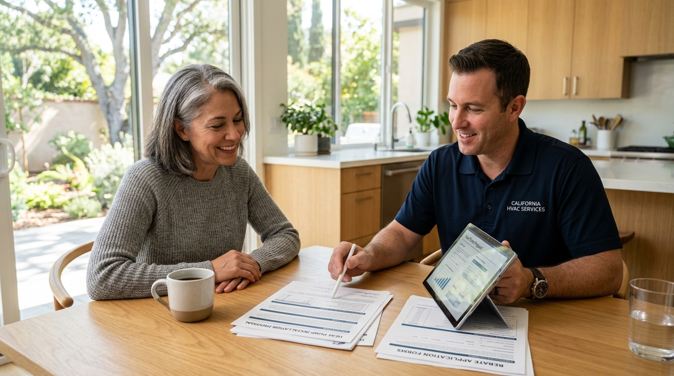 California homeowner reviewing heat pump rebate requirements with an HVAC contractor