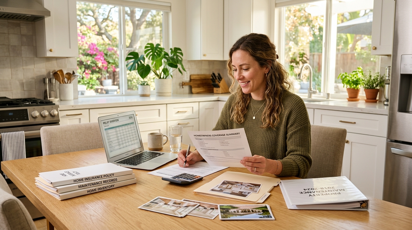 California homeowner reviewing home insurance coverage and property records