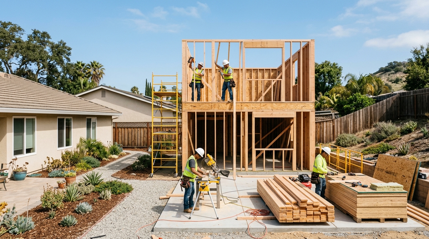 Detached California ADU under construction in a residential backyard