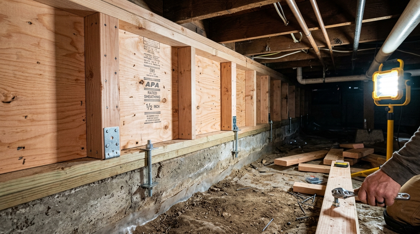 Foundation bolting and cripple-wall bracing inside a California home crawl space