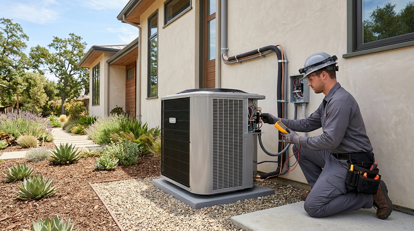 HVAC technician installing an energy-efficient heat pump at a California home