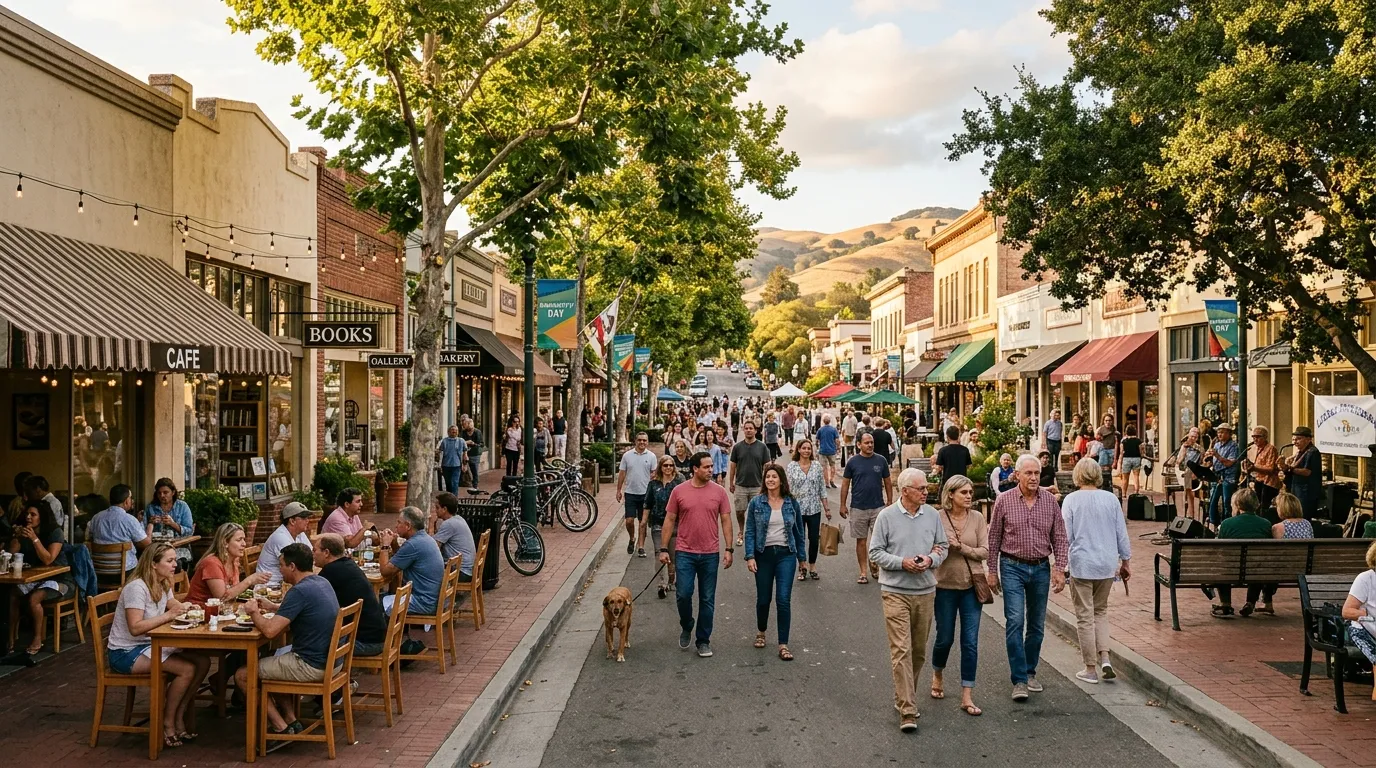 Walkable California downtown with local businesses and community activity
