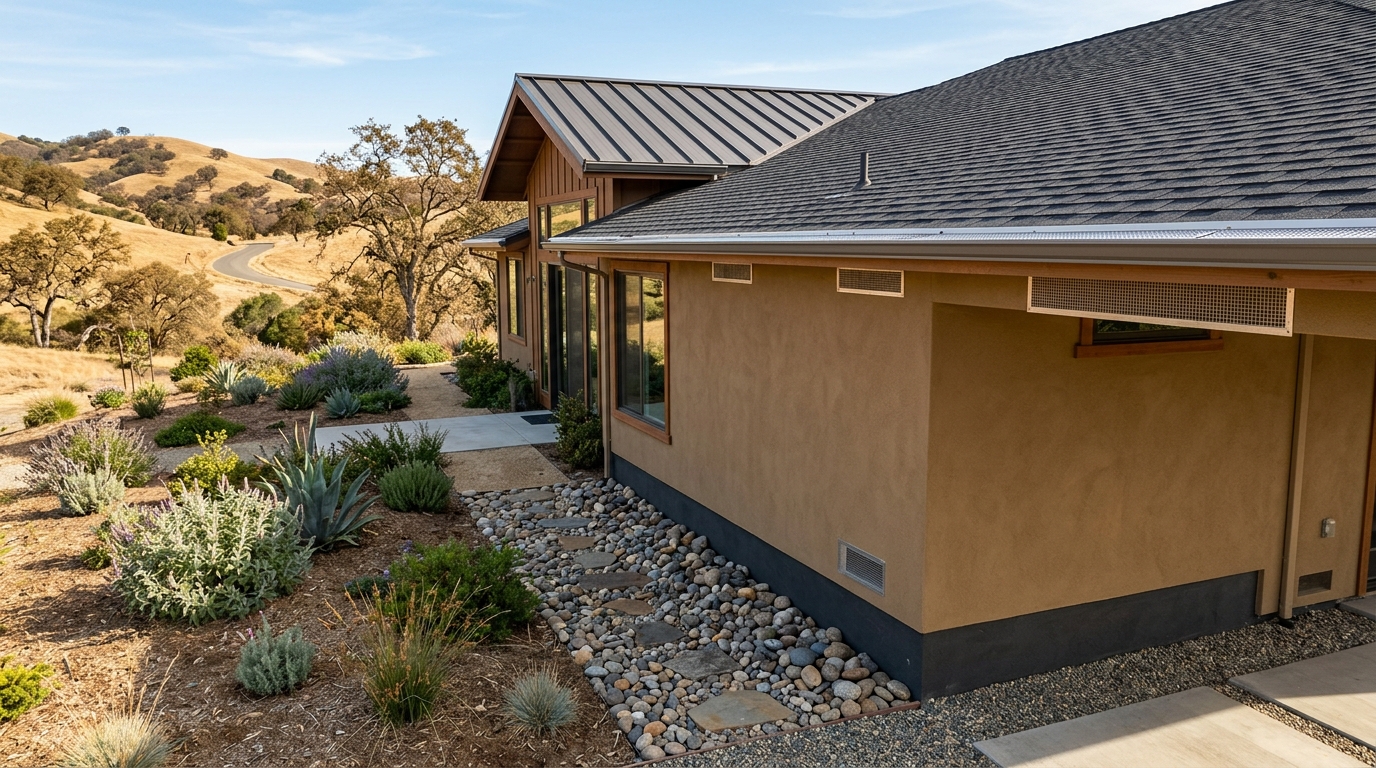 Wildfire home hardening with defensible space and ember-resistant vents in California