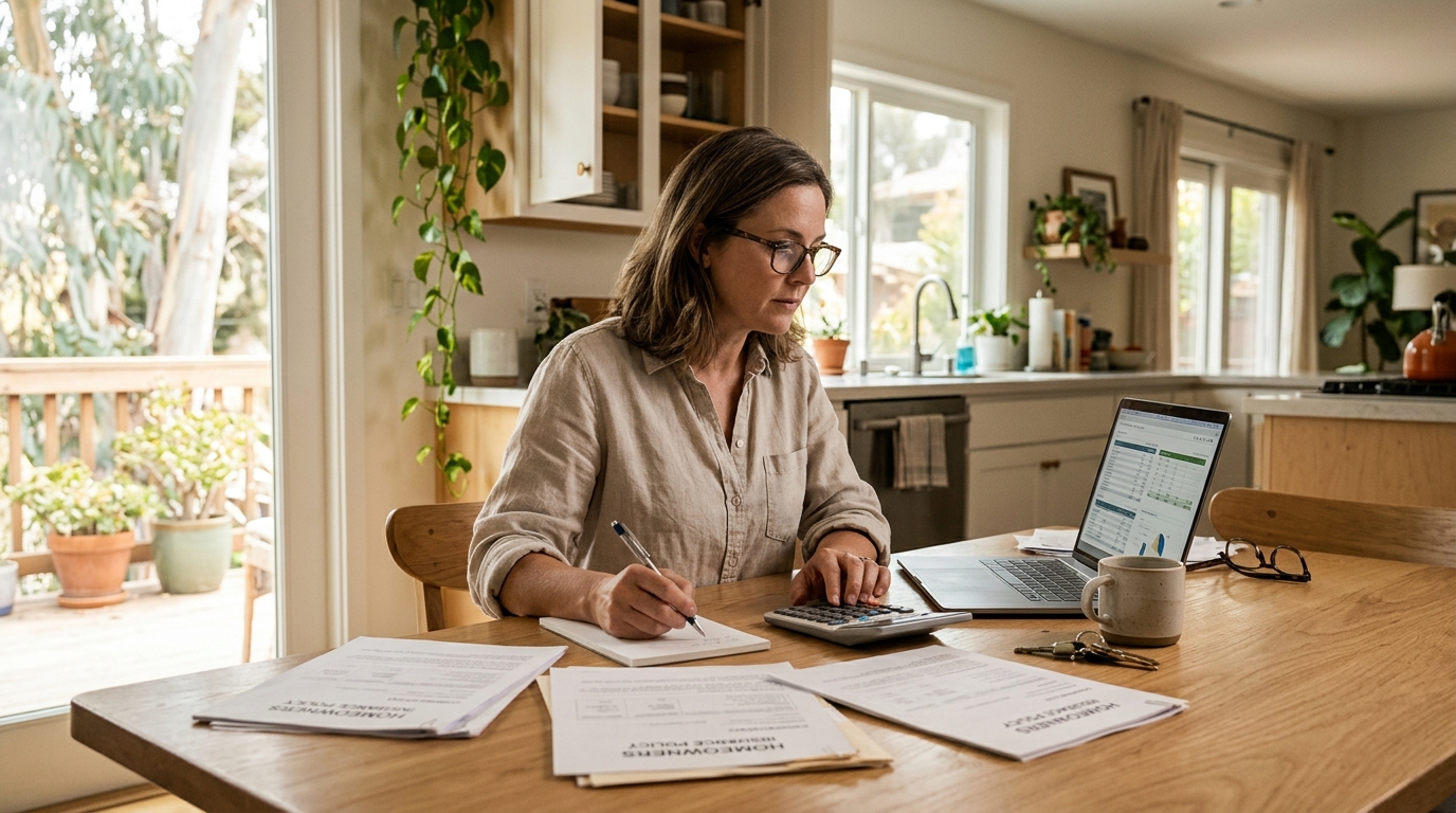 California homeowner comparing insurance coverage, premiums, deductibles, and wildfire protection options